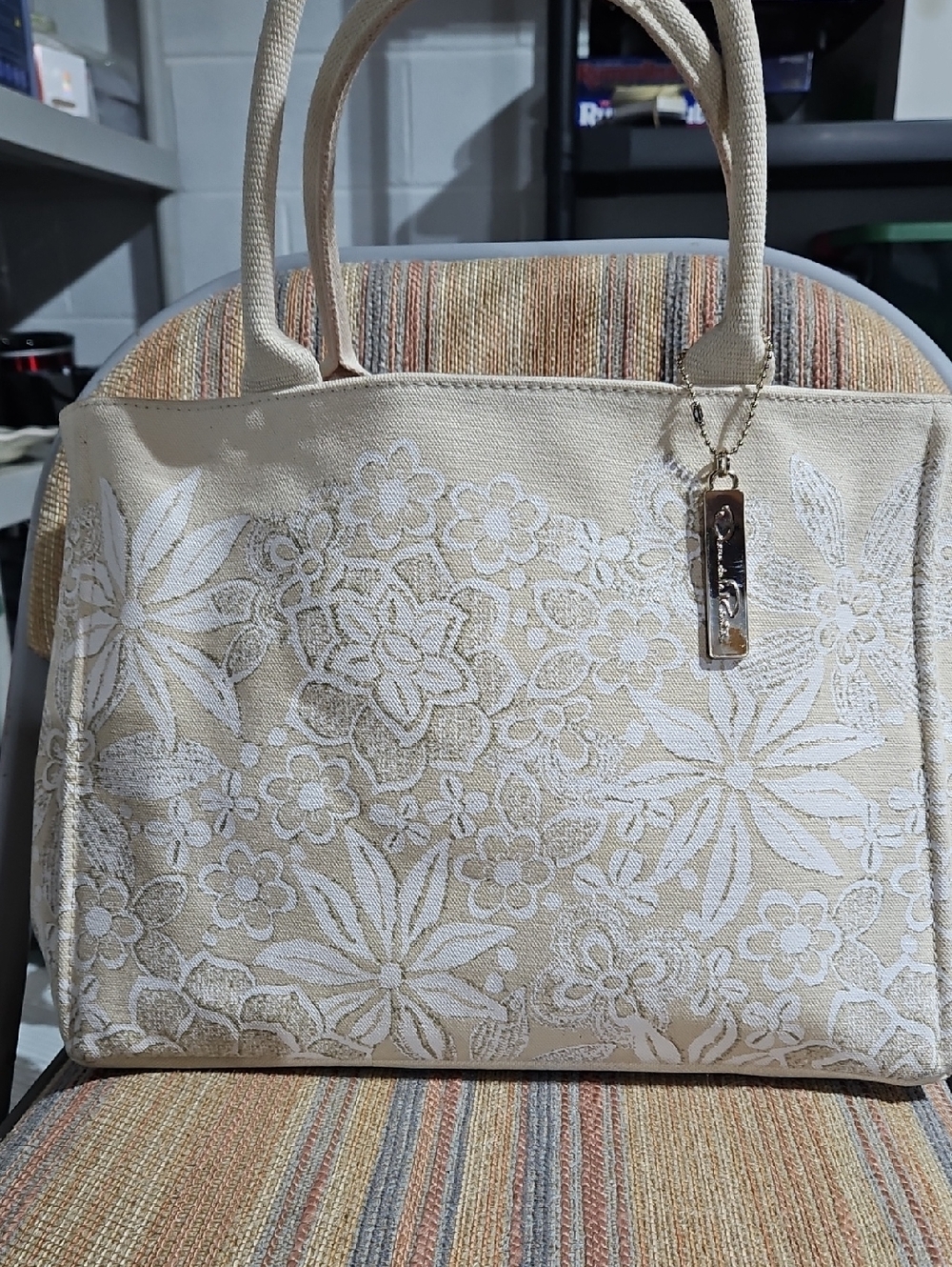 Oscar De La Renta  Beige Floral Canvas Tote Bag with White Floweres Gold Accent